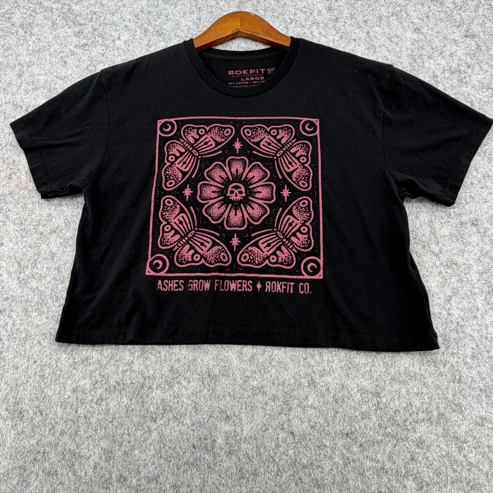 Rokfit Ashes Grow Flowers Butterfly Skull Graphic Crop Top Black Pink Large
